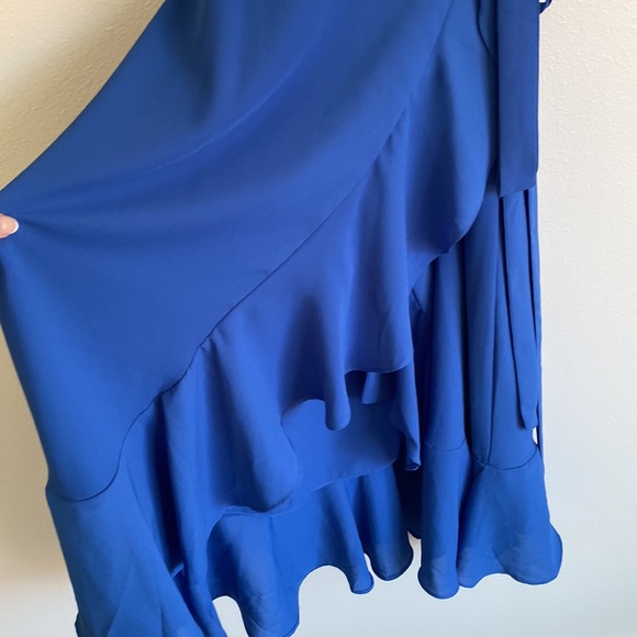 Lulus Manhattan Moment Blue Wrap Ruffled Midi Dress - Picture 6 of 9